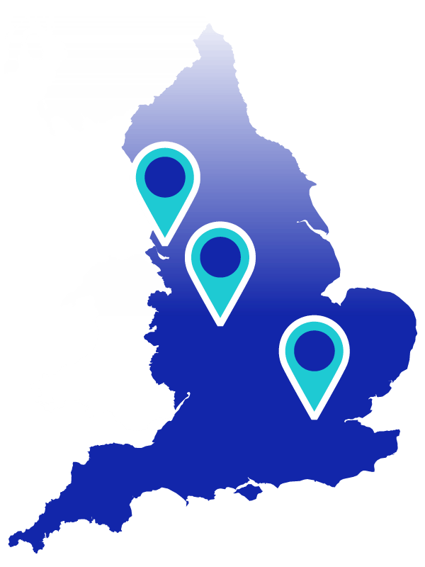Graphic showing outline of England with location pins for Prescot (Knowsley), Perry Barr (Birmingham) and  Stepney Green (London)