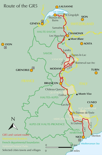 Map showing route of the GR 5 walk across Europe